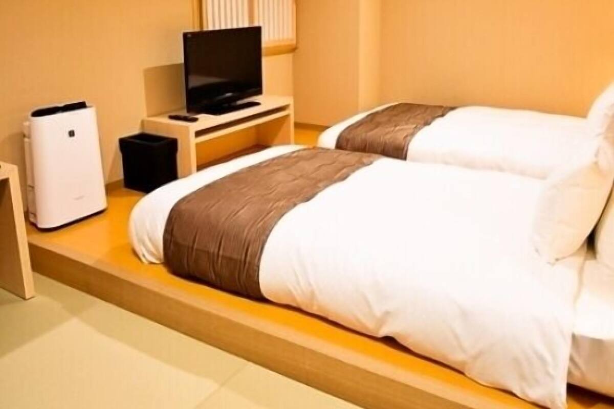 Una habitación de hotel con dos camas, un televisor y un calentador.