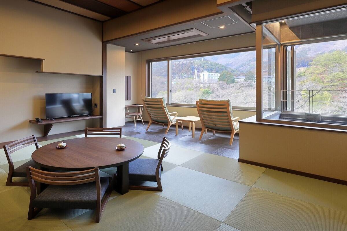 A conference room with tatami mats, a round table, chairs, a television, and a view of a mountainous landscape through large windows.