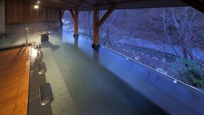 A covered outdoor area with a wooden floor, metal railings, and a view of trees and a river. - Seijaku to Magokoro no Yado Nanaeyae (Nikko)