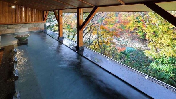 A covered outdoor area with a stone bench, wooden beams, and a view of autumn foliage. - Seijaku to Magokoro no Yado Nanaeyae (Nikko)