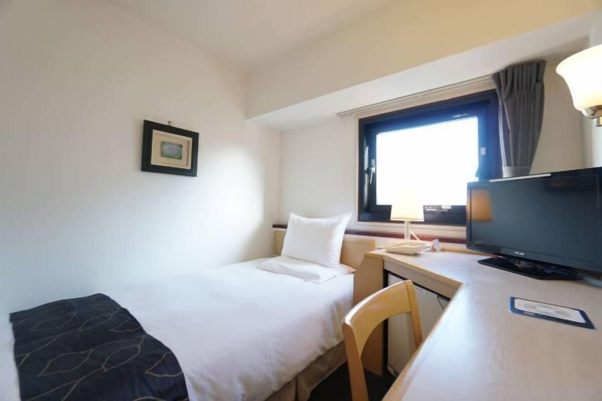 Une chambre d’hôtel avec un lit, un bureau avec une télévision, une chaise, une fenêtre avec des rideaux et un tableau encadré au mur.