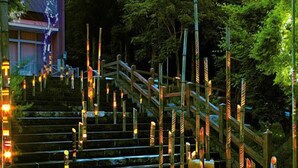 A staircase with wooden railings and steps, surrounded by trees and illuminated by small lights. - Yunishigawa Hakuun-no-yado Yamashiroya (Nikko)