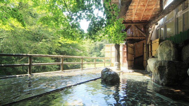 A traditional Japanese onsen with a wooden deck, a rock in the center, and a wooden building in the background. - Yunishigawa Hakuun-no-yado Yamashiroya (Nikko)