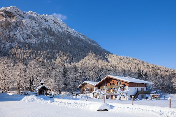 Un albergue de montaña con varias cabañas de madera, rodeado de árboles nevados y un cielo azul despejado.