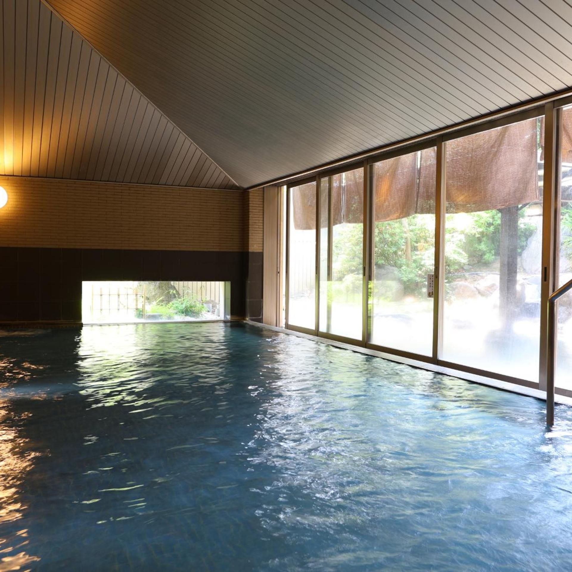 An indoor swimming pool with clear water, wooden ceiling, and large windows.