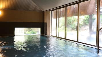 An indoor swimming pool with clear water, wooden ceiling, and large windows.
