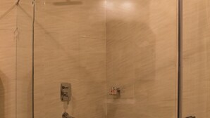 A glass-enclosed shower with a control panel, a handheld showerhead, and a floor drain. - The Solitaire Express (Dehradun)