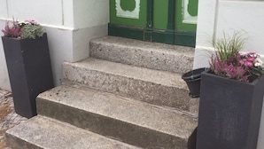 A set of stone steps leading to a green door with white trim, flanked by two black planters with flowers.