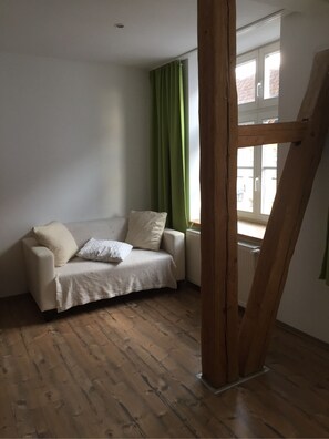 ซิตี้ดูเพล็กซ์, เตียงควีนไซส์ 1 เตียง, ห้องน้ำส่วนตัว, ชั้นล่าง | บริเวณนั่งเล่น | ทีวีจอแบน