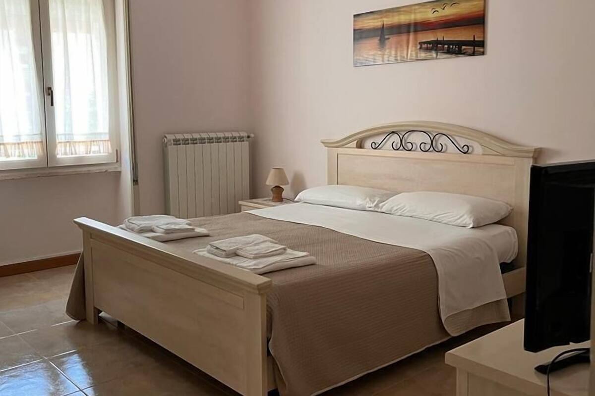 A bedroom with a bed, a radiator, a window with curtains, a painting on the wall, and a television on a stand.