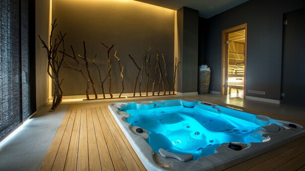 Um spa moderno com uma banheira de hidromassagem grande, piso de madeira e um galho decorativo fixado na parede.