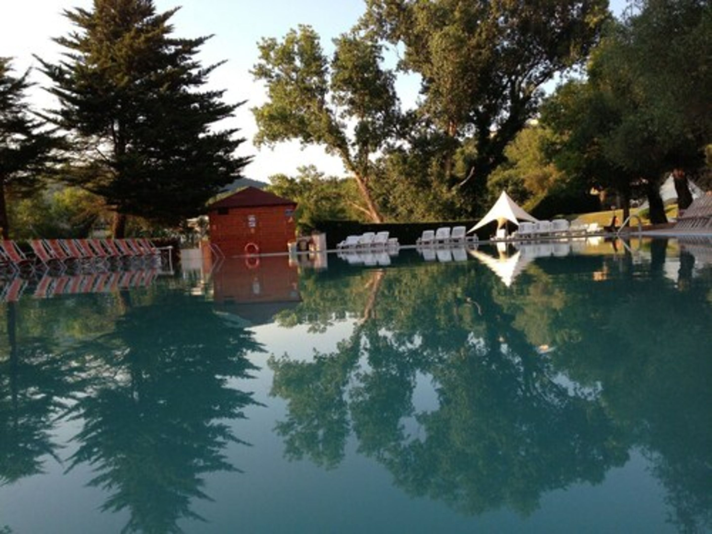 A swimming pool with lounge chairs, a small red building, and a white tent.