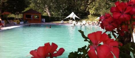 Una piscina con agua azul cristalina, rodeada de árboles y un pequeño pabellón.