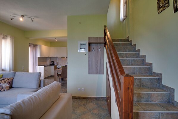 Panoramic Duplex, Sea View, Sea Facing (Nireus) | Living room | 50-inch Smart TV with satellite channels, Netflix, streaming services