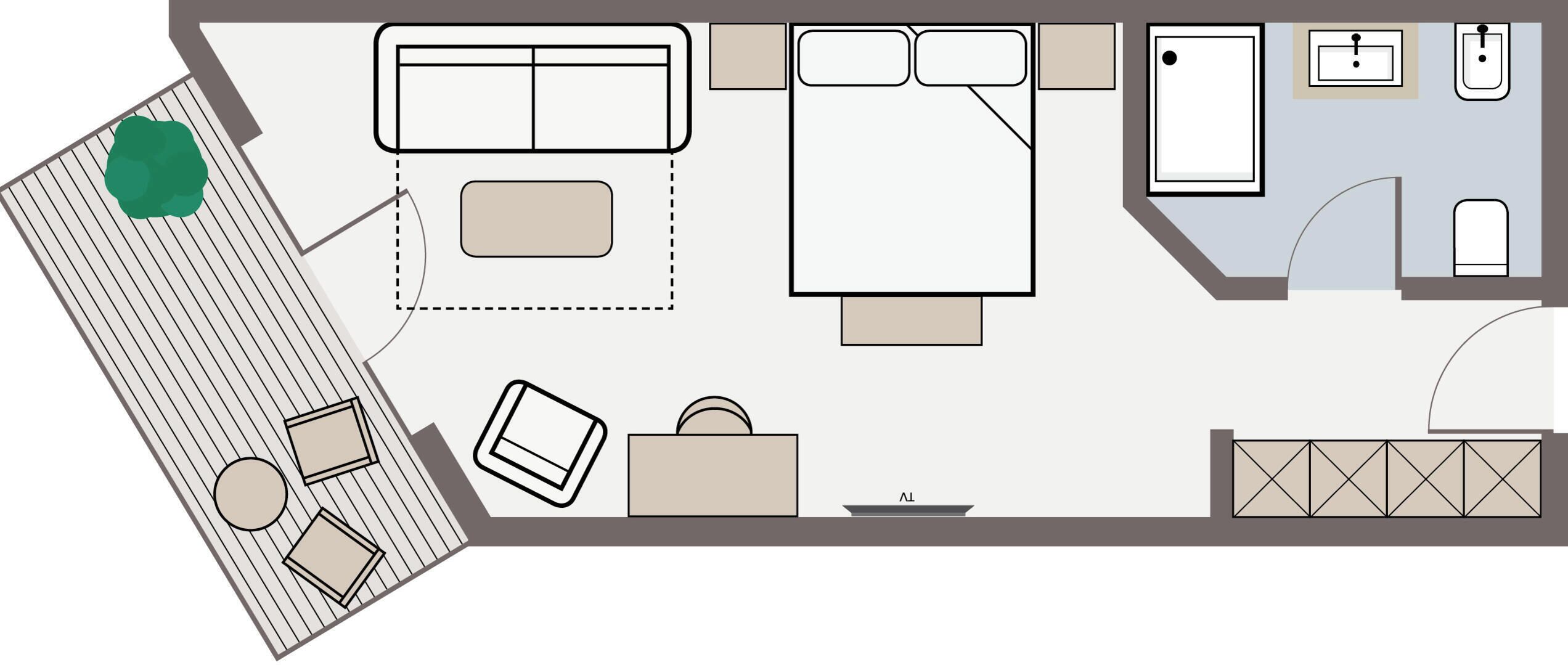 A hotel layout with a bedroom, bathroom, kitchenette, and a small outdoor seating area.