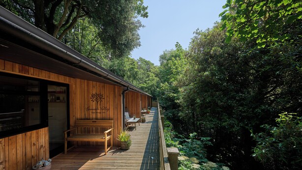 A wooden deck with outdoor seating, surrounded by dense greenery. - Fermain Valley Hotel (St. Peter Port)