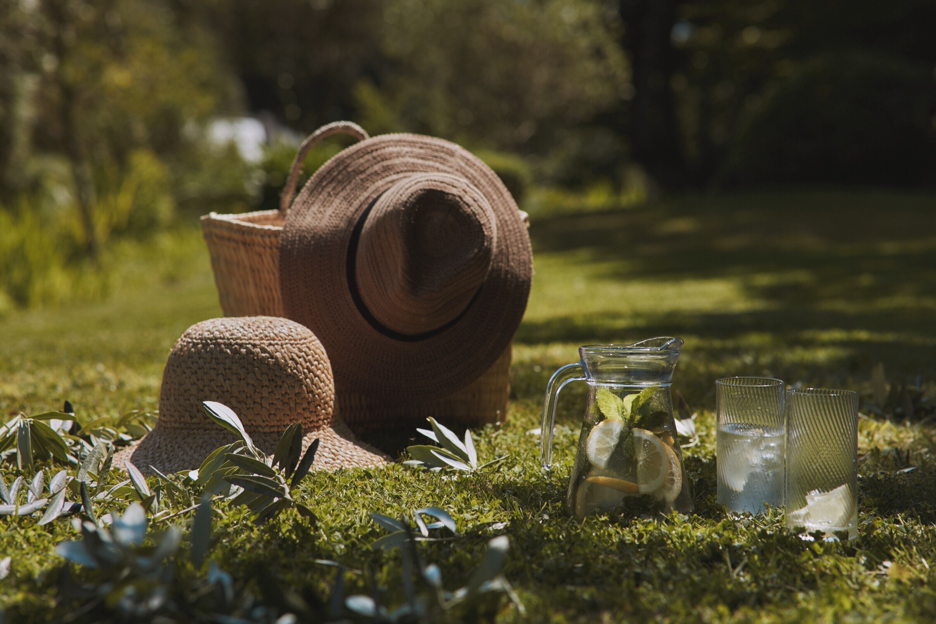 A straw hat, a woven basket, a glass pitcher with mint, and two clear glasses on a grassy field.