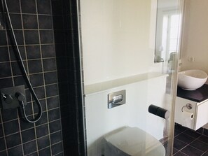 A bathroom with a glass shower enclosure, a white sink, and a toilet.