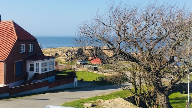 Un barrio residencial con una casa, un árbol y vistas al mar.