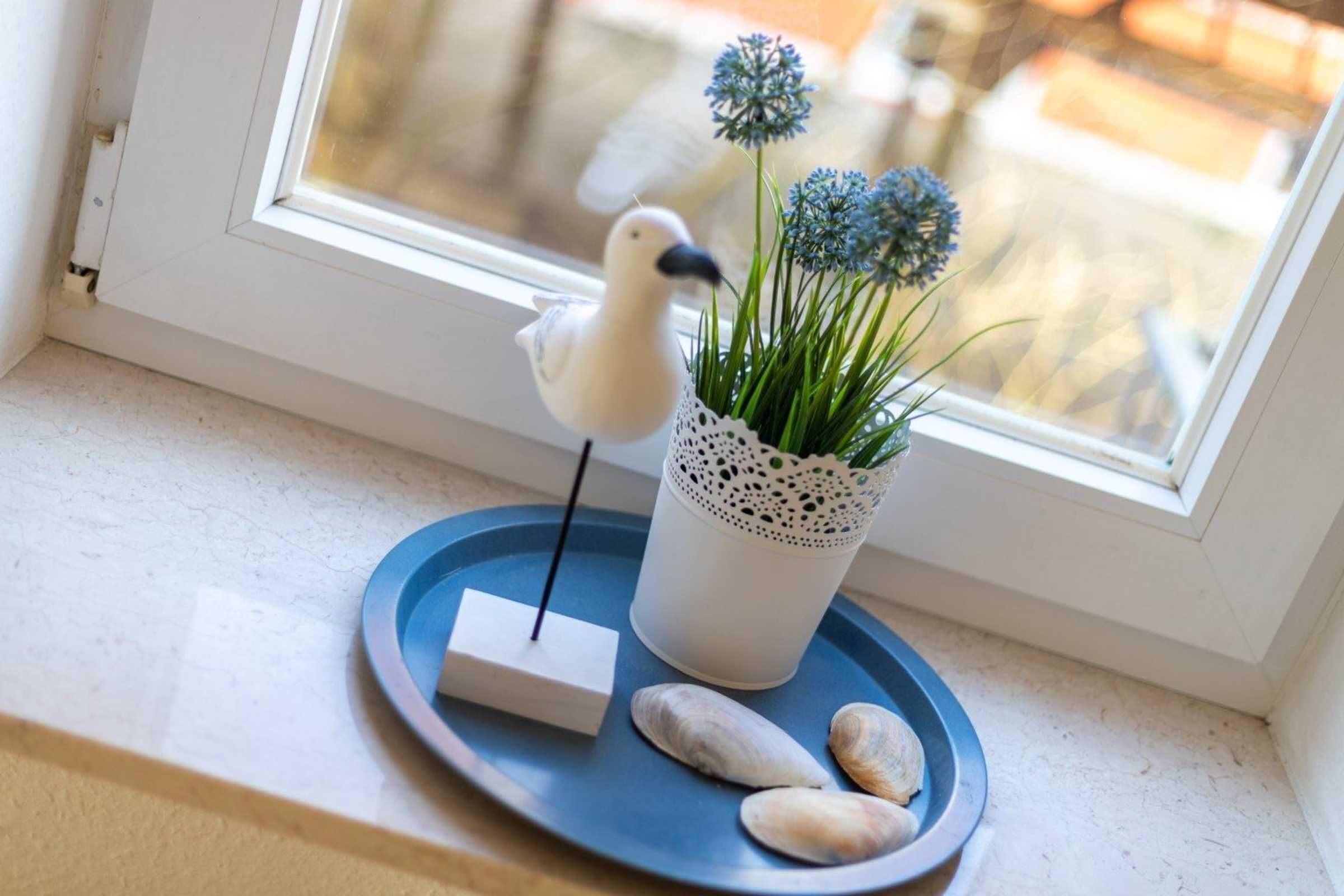 A white bird on a blue tray next to a potted plant with green leaves and blue flowers.