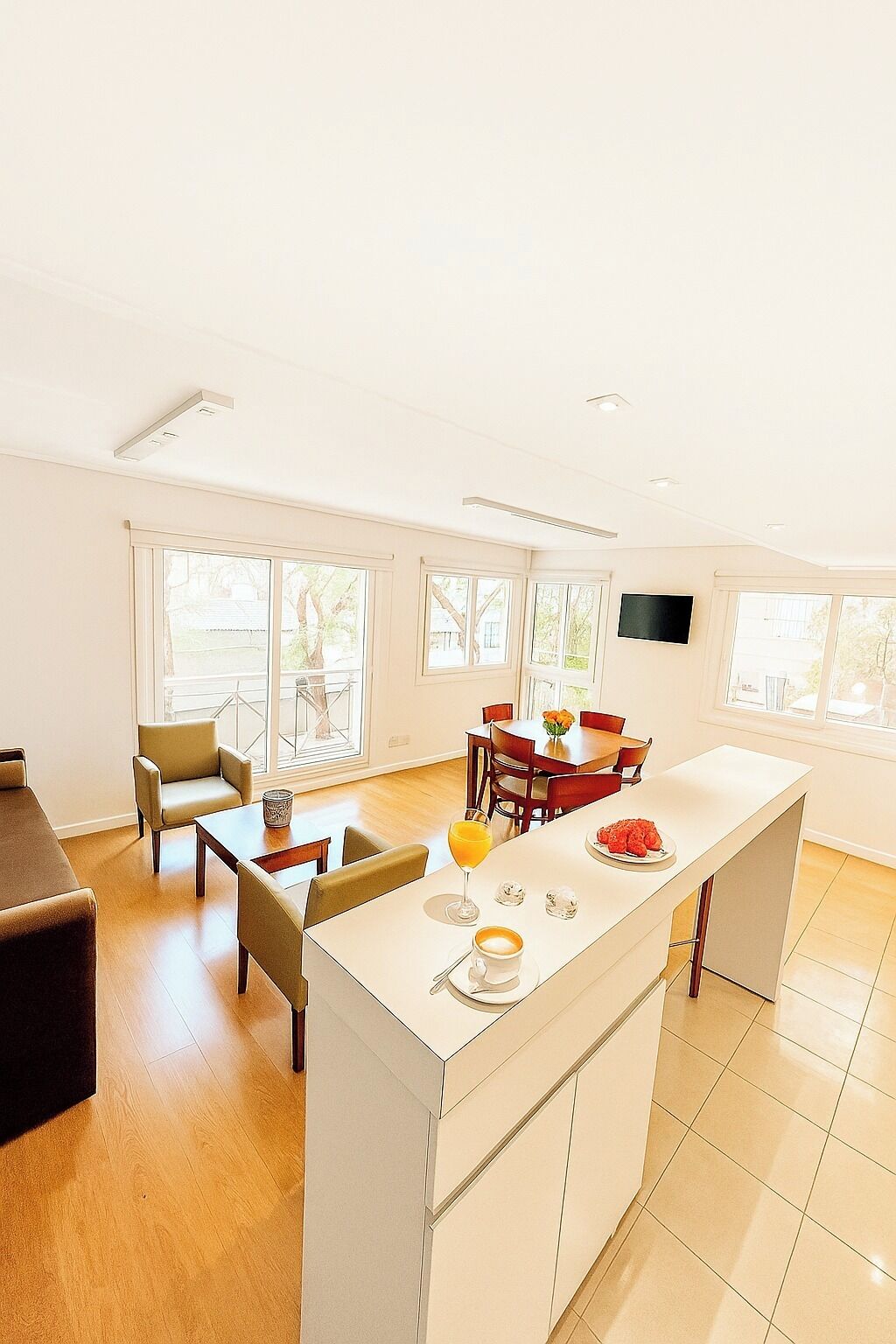 Suite – deluxe | Oppholdsområde | En 39-tommers LED-TV med kabel-kanaler samt printere