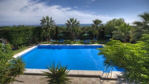 Une piscine rectangulaire à l’eau d’un bleu cristallin, entourée d’une végétation luxuriante et de palmiers, avec une vue sur l’océan en arrière-plan.