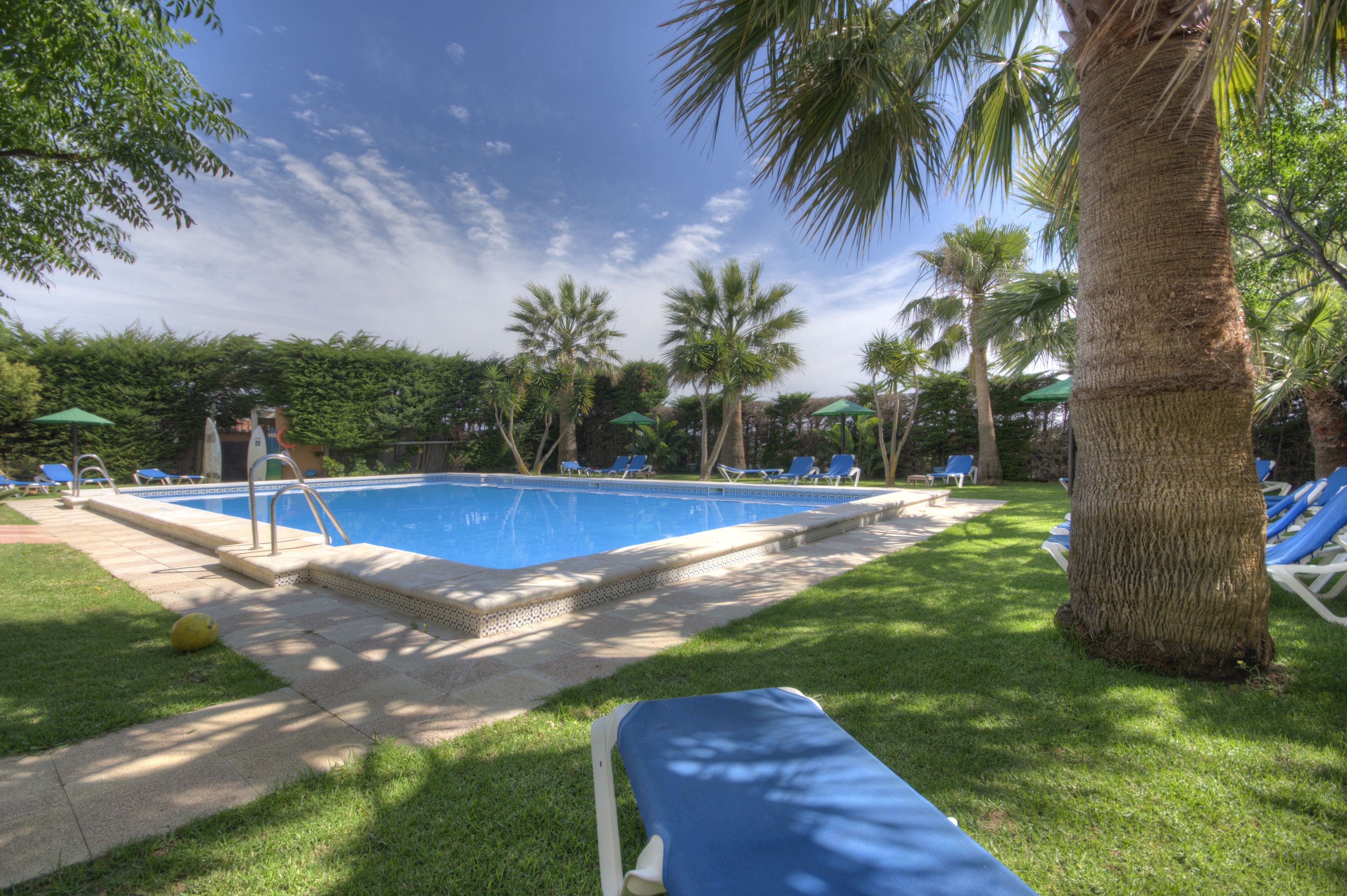outdoor pool, pool loungers