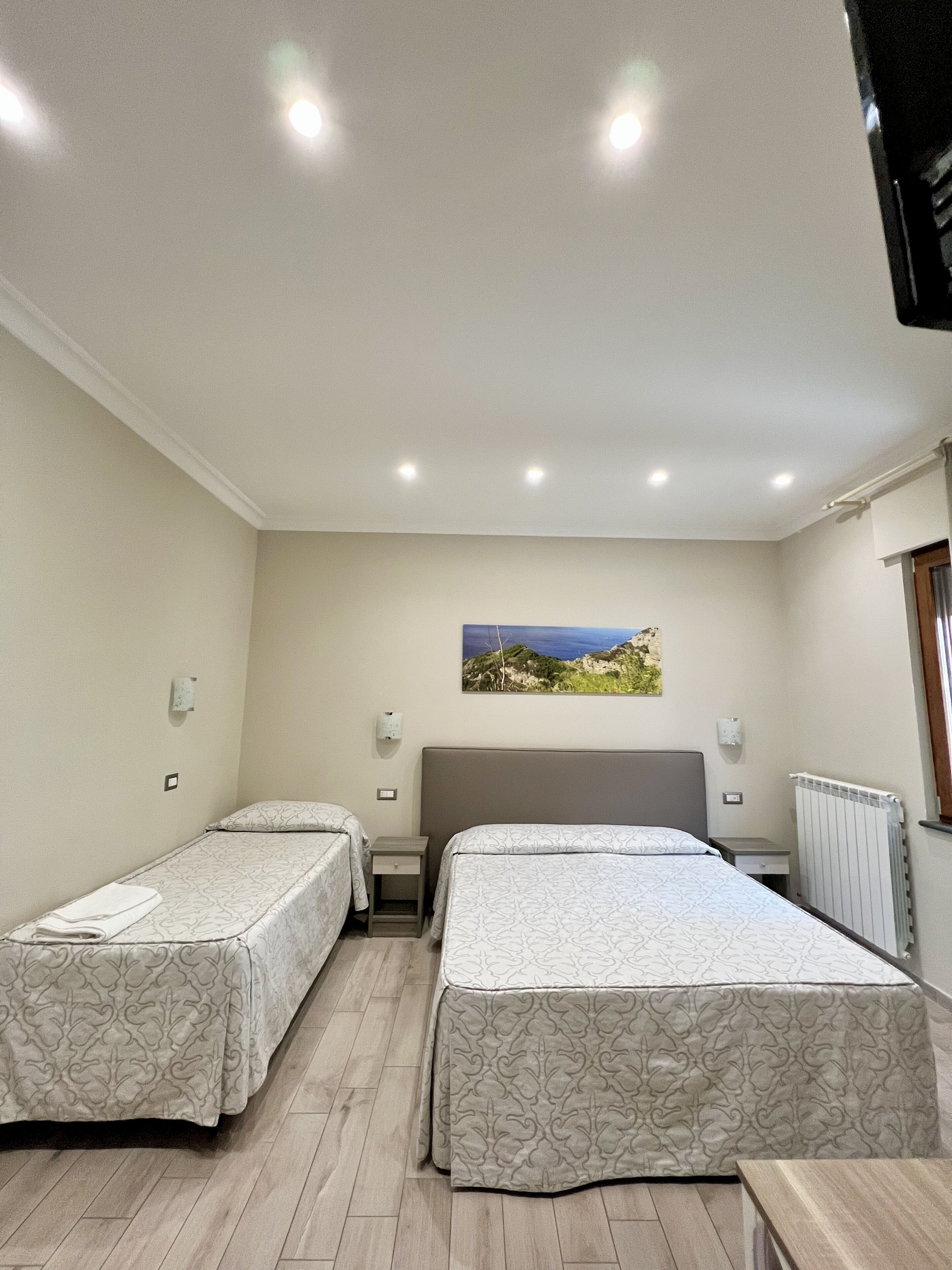 Ein Hotelzimmer mit zwei Einzelbetten, einem großen Bett, einem Nachttisch, einer Wandlampe, einem Bild und einer Heizung.
