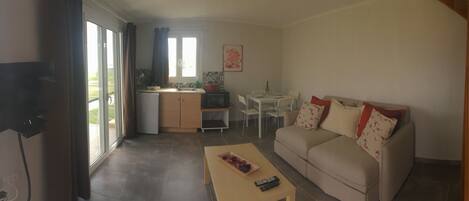 A compact living space with a sofa, a small dining table, a kitchen area, and a TV mounted on the wall.