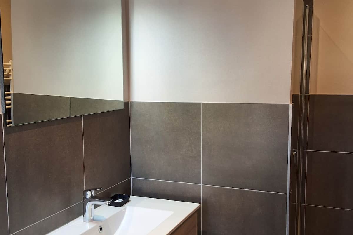 Shower, free toiletries, hair dryer, towels