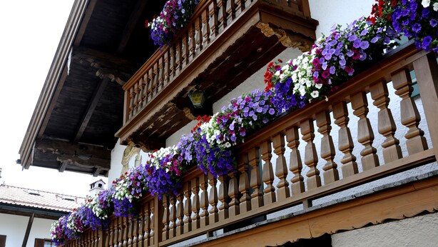 A building with a balcony adorned with colorful flower boxes. - Gästehaus Gritscher (Schliersee)