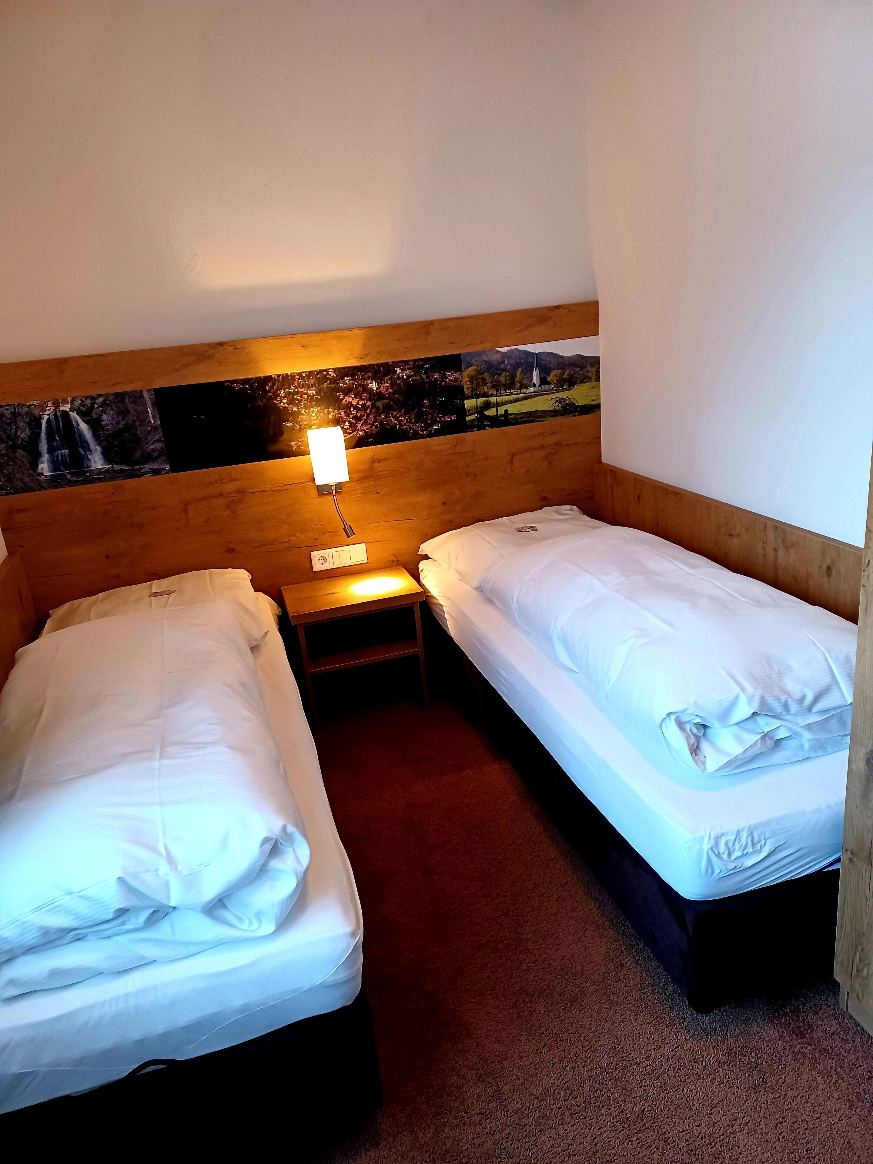 Een hotelkamer met twee eenpersoonsbedden, een nachtkastje met lamp en een wandplank met een foto.