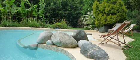 Seasonal outdoor pool, pool umbrellas, pool loungers