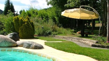 Seasonal outdoor pool, pool umbrellas, pool loungers