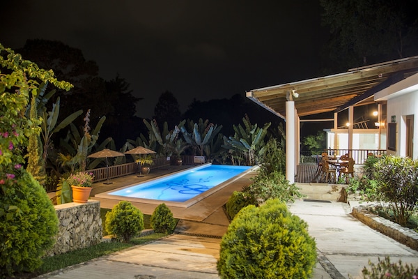 Piscine extérieure, chaises longues