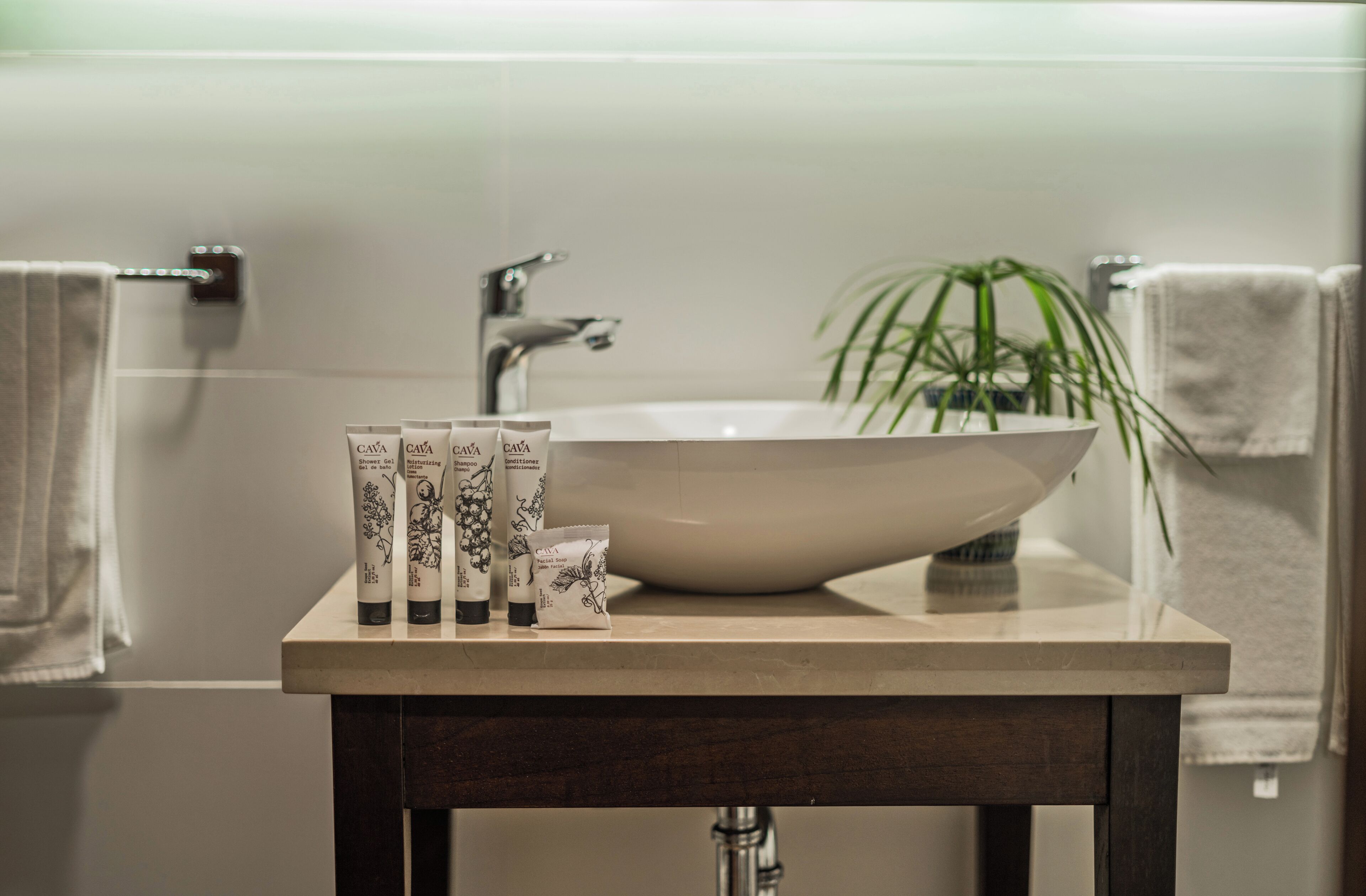 A bathroom with a large white sink, a mirror, and a potted plant.