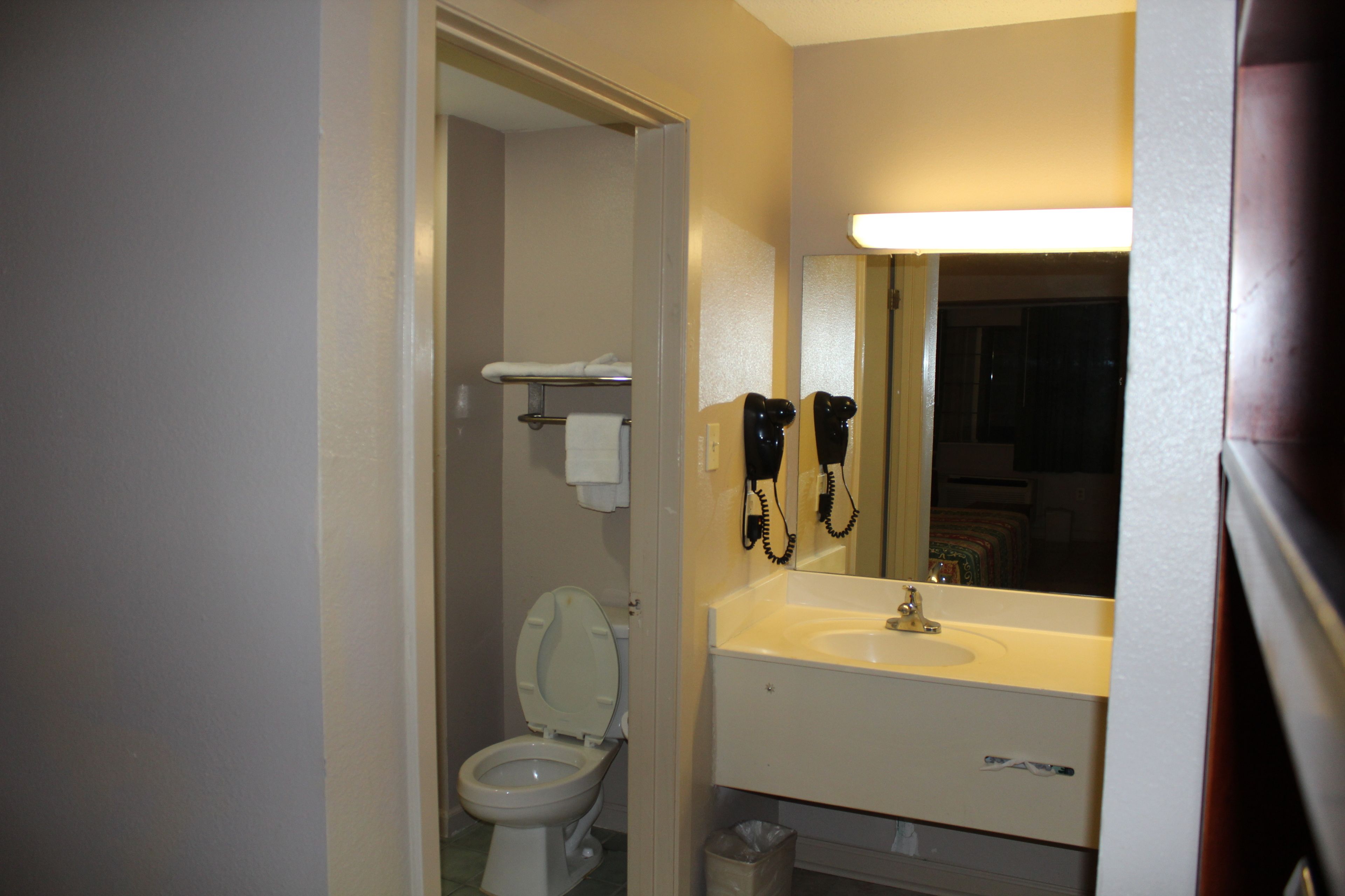 Une salle de bain avec des toilettes, un lavabo et un miroir.