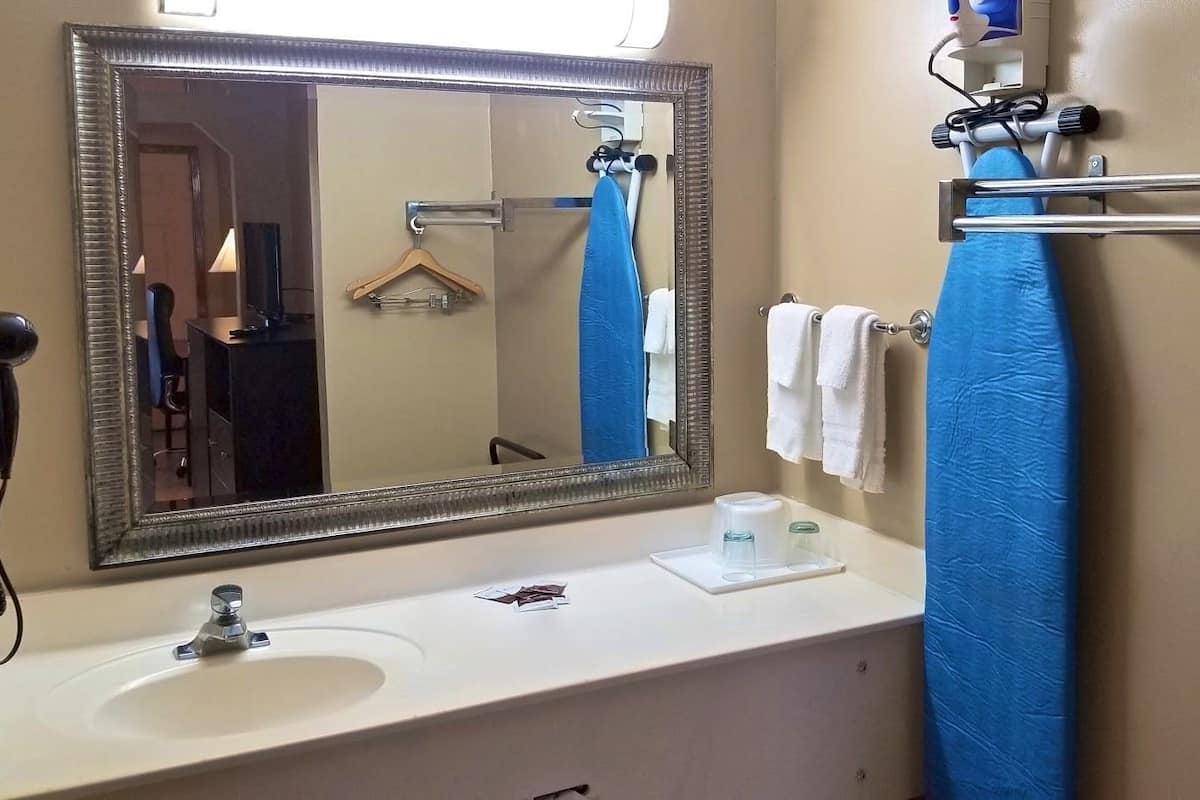 A bathroom with a large mirror, a sink, a towel rack, and a towel dispenser.