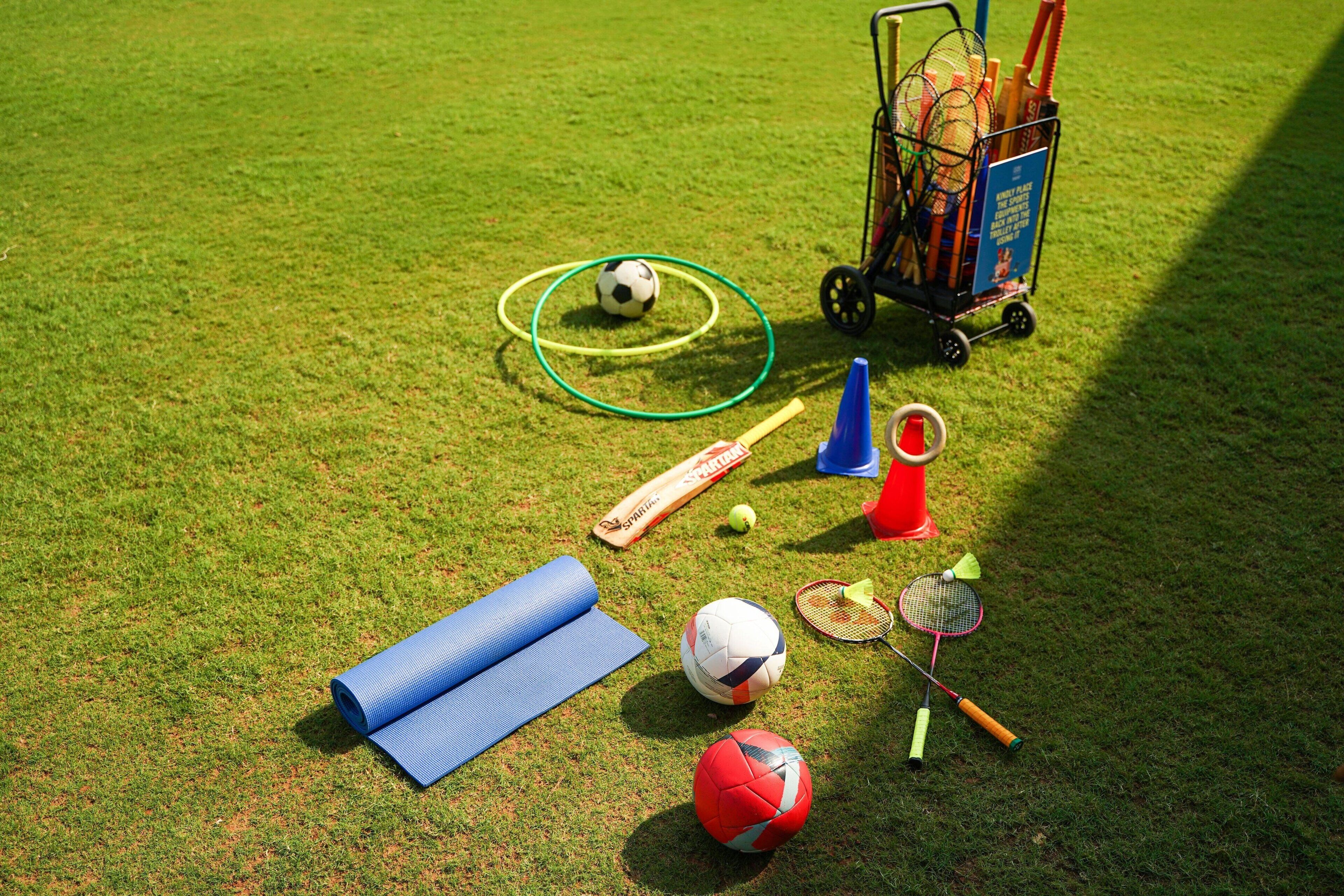 A grassy field with sports equipment including a soccer ball, hula hoop, badminton racket, and a ball of croquet.