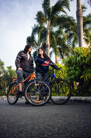 Dos personas de pie junto a bicicletas en una calle con palmeras al fondo.