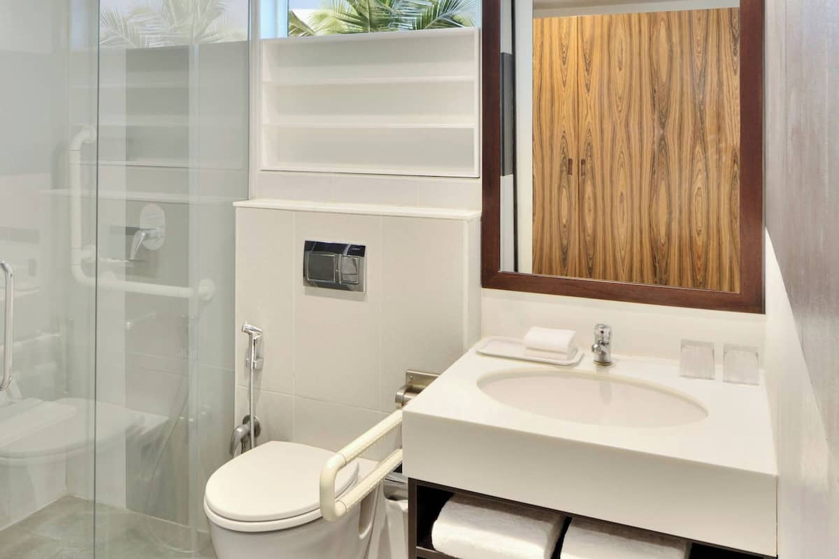 shower, rainfall showerhead, free toiletries, hair dryer