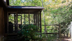 A rustic cabin with a wooden porch, surrounded by dense foliage and a wooden fence. - Riverfront - main level master bedroom - now with high speed unlimited Internet! (Bowden)