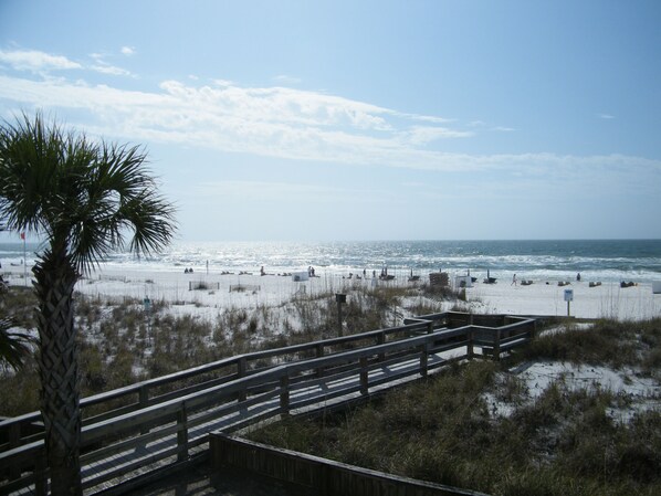 On the beach, sun-loungers