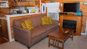 A cozy cabin interior with a brown sofa, two patterned throw pillows, a wooden coffee table, a fireplace, and a television. - Lucky Catch: Best Cottage on the Best Lake! (Penn Yan)