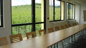 Un salón de conferencias con una larga mesa y sillas, ventanas amplias que dan a un campo verde.