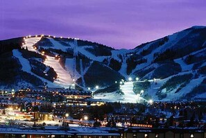 A snow-covered mountain with a ski slope and a town below.