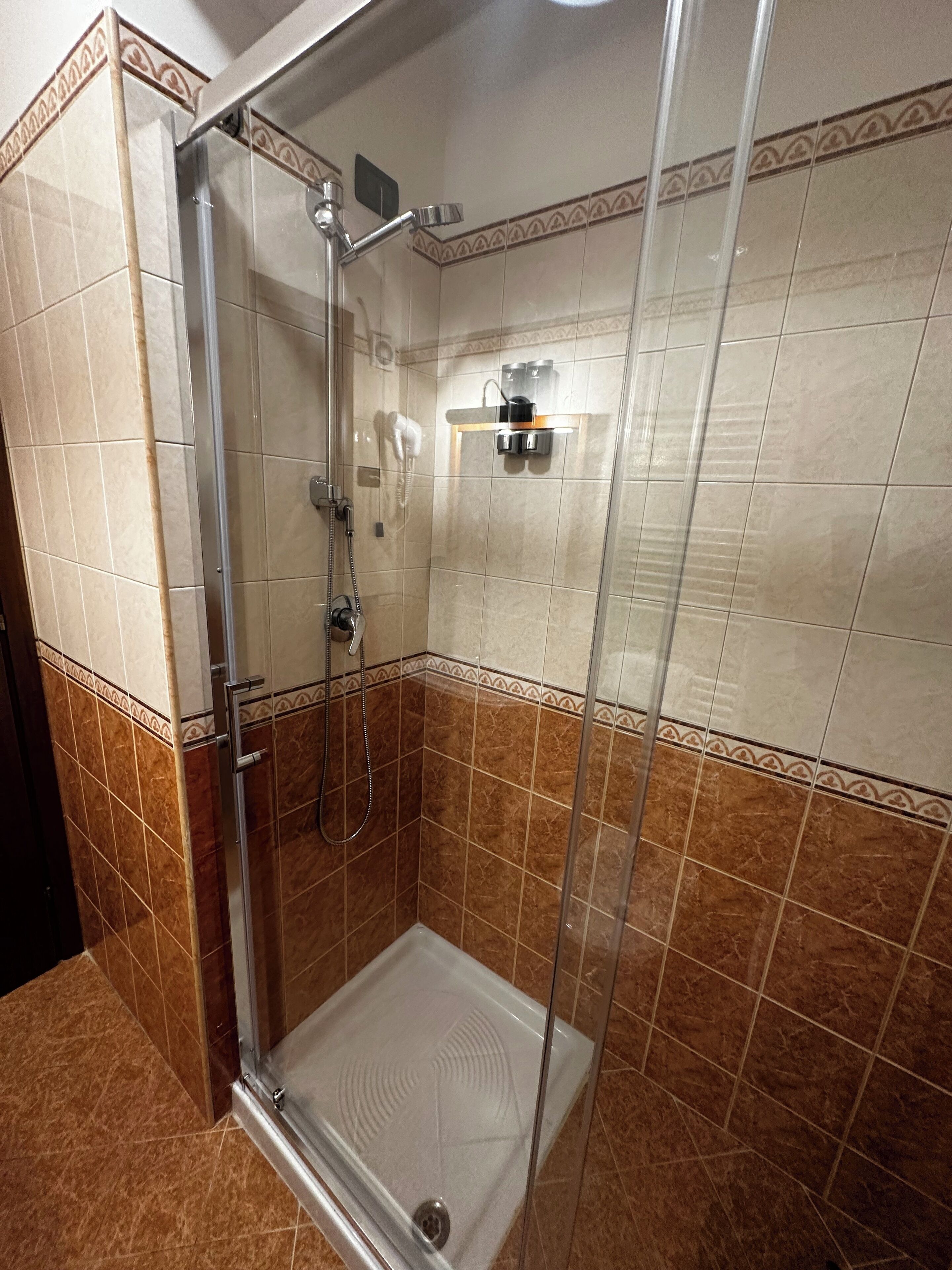 A glass-enclosed shower stall with a handheld showerhead, a wall-mounted faucet, and a control panel above the shower.