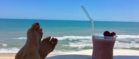 On the beach, sun loungers, beach towels