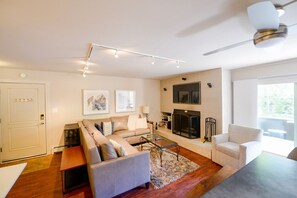 Smart TV, fireplace, DVD player, books