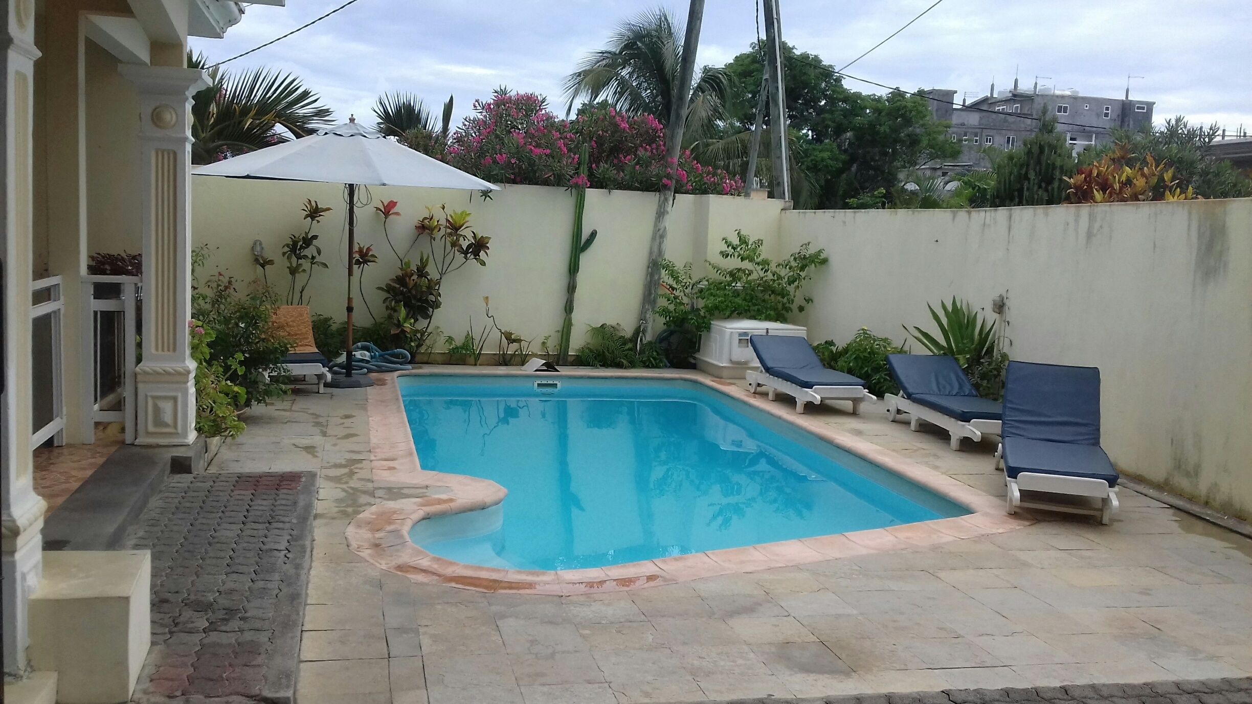 Piscine extérieure, parasols de plage, chaises longues